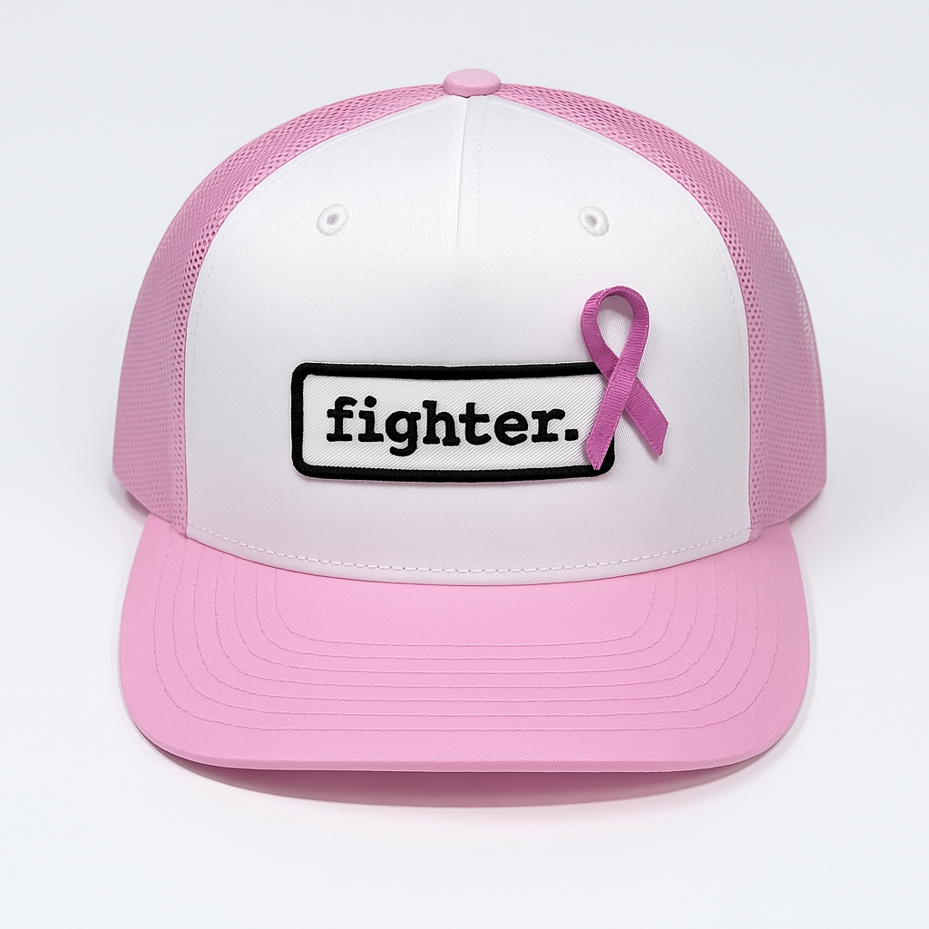 Fighter. | White & Pink Flat Bill Trucker Hat