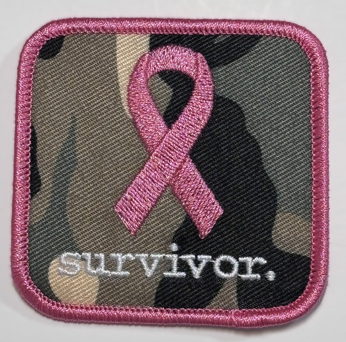 Square Patch — Pink Ribbon — survivor. — Camo Background