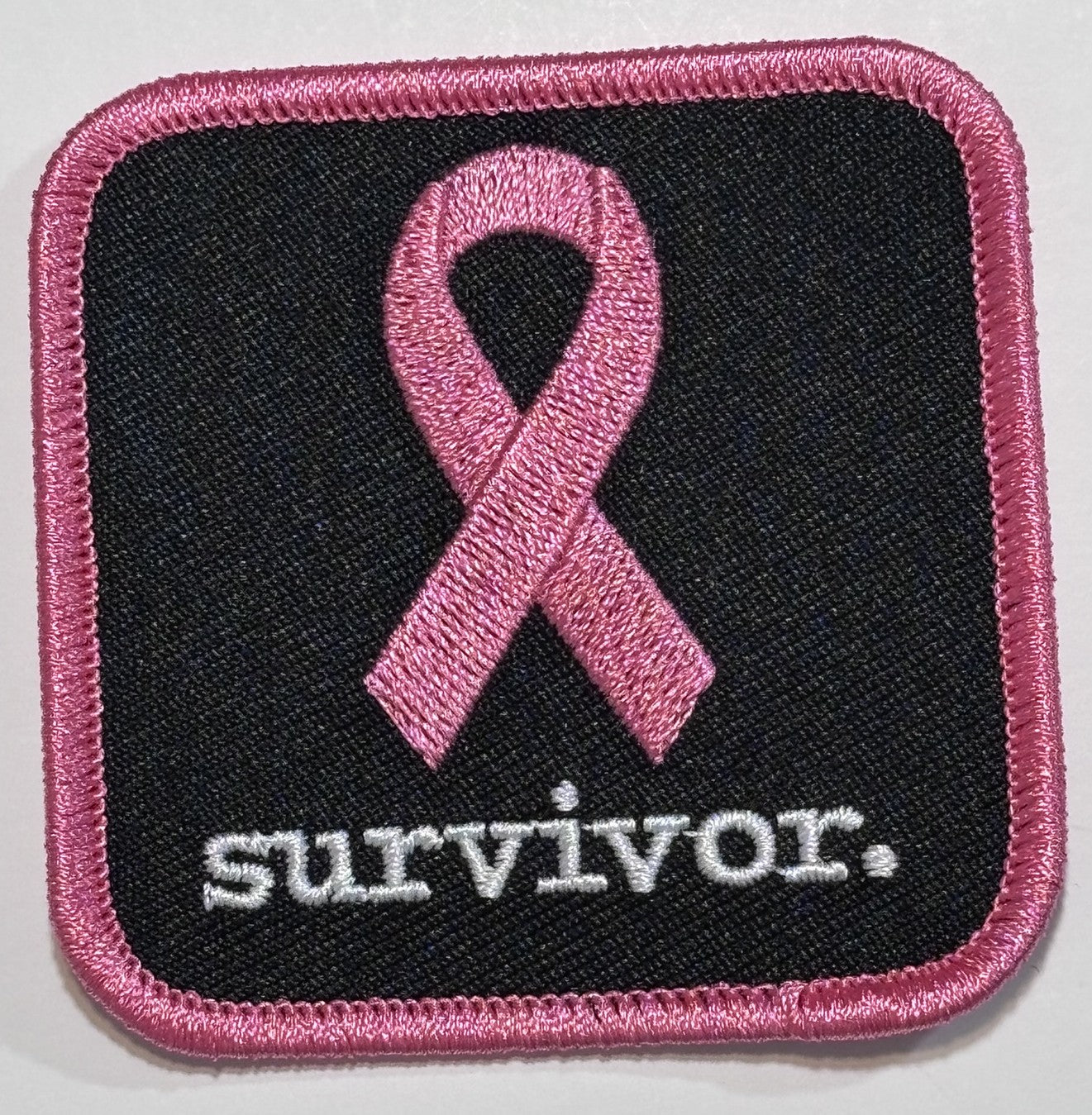 Square Patch — Pink Ribbon — survivor. — Black Background