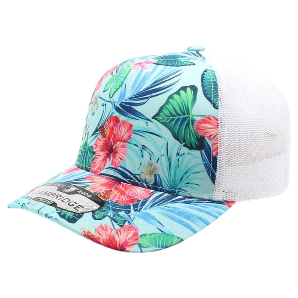 5 Panel Mesh Back Floral Snapback Hat - Light Blue/Pink