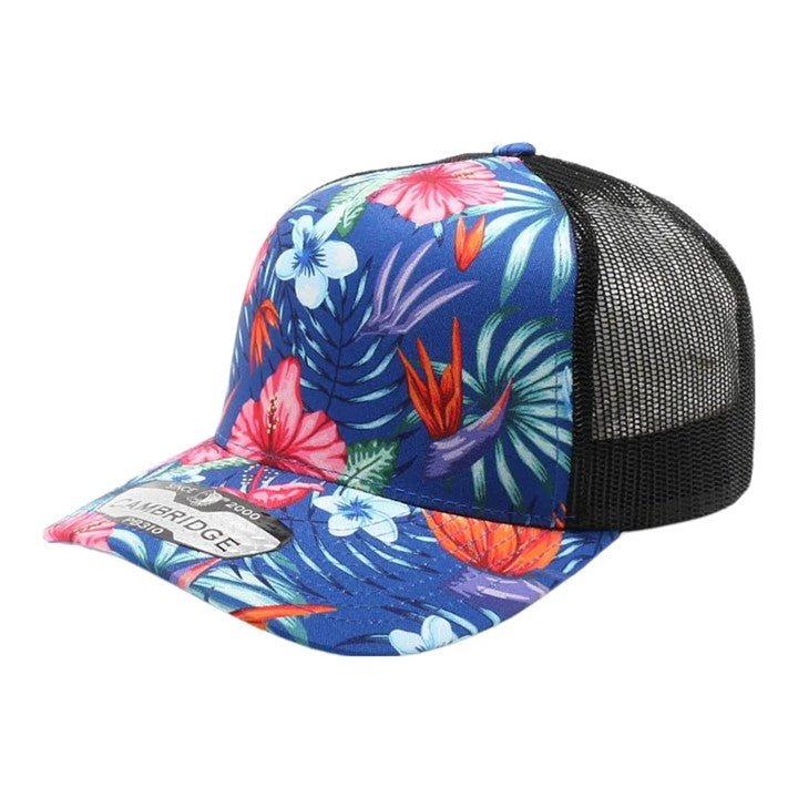 5 Panel Mesh Back Floral Snapback Hat - Royal/Black