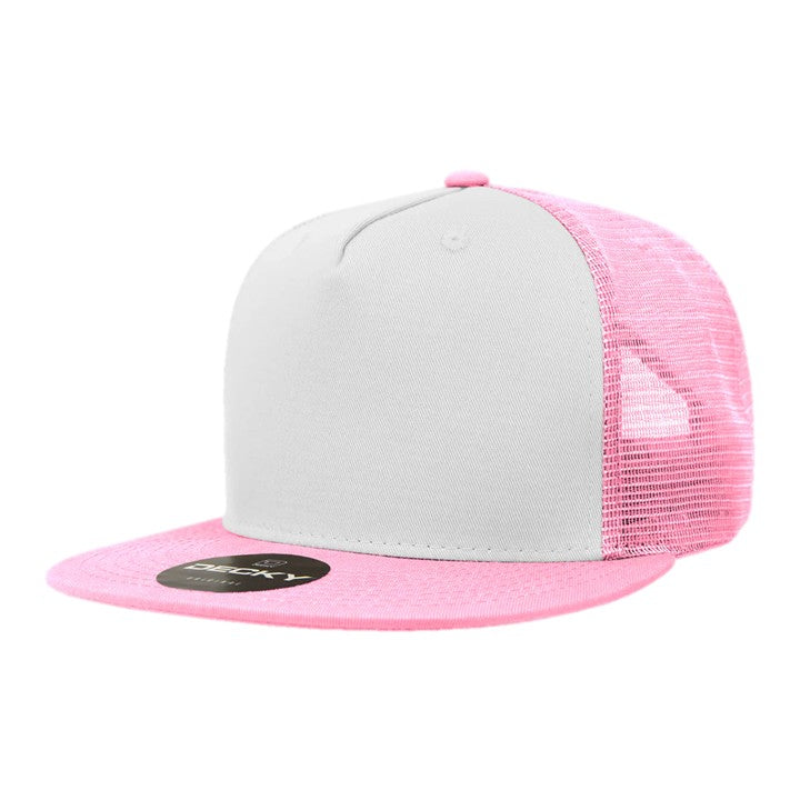 5 Panel High Profile Structured Cotton Blend Trucker Hat - Pnk/Wht/Pnk