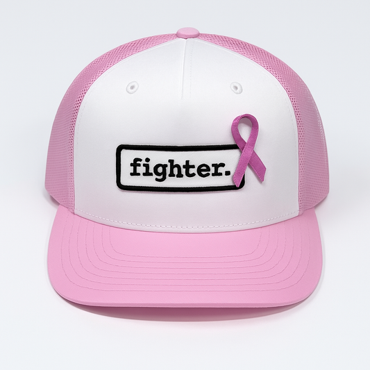 Fighter. | White & Pink Flat Bill Trucker Hat