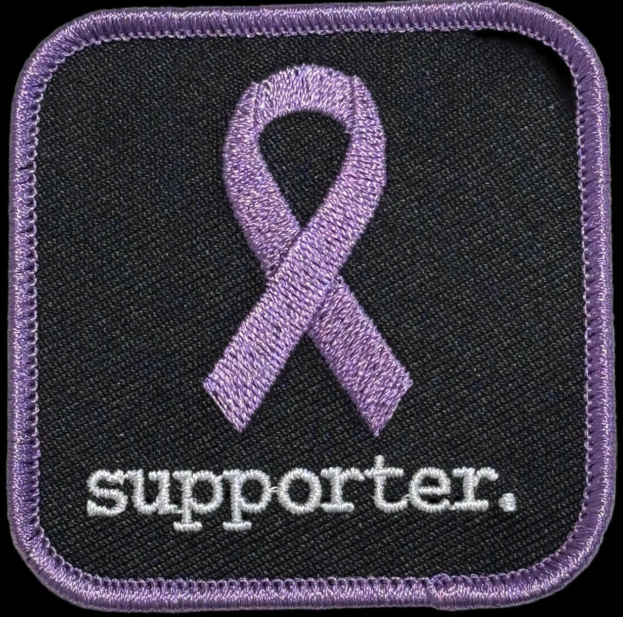 Square Patch — lavender Ribbon — supporter. — Black Background