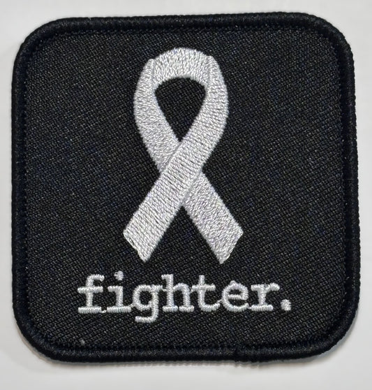 Square Patch — White Ribbon — fighter. — Black Background