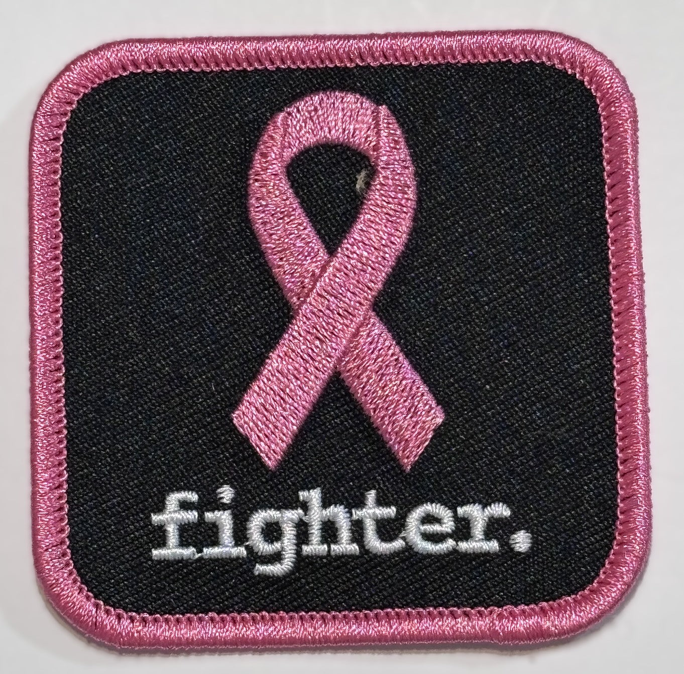 Square Patch — Pink Ribbon — fighter. — Black Background