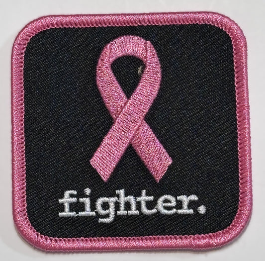 Square Patch — Pink Ribbon — fighter. — Black Background