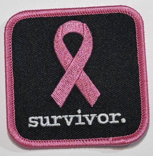Square Patch — Pink Ribbon — survivor. — Black Background