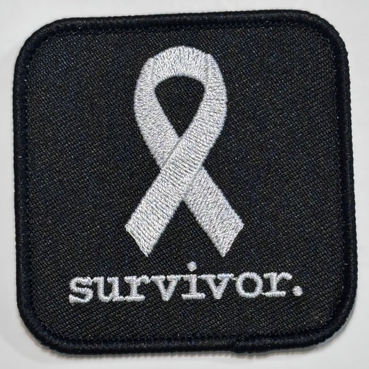 Square Patch — White Ribbon — survivor. — Black Background
