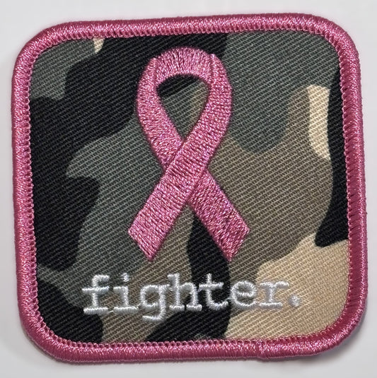 Square Patch — Pink Ribbon — fighter. — Camo Background