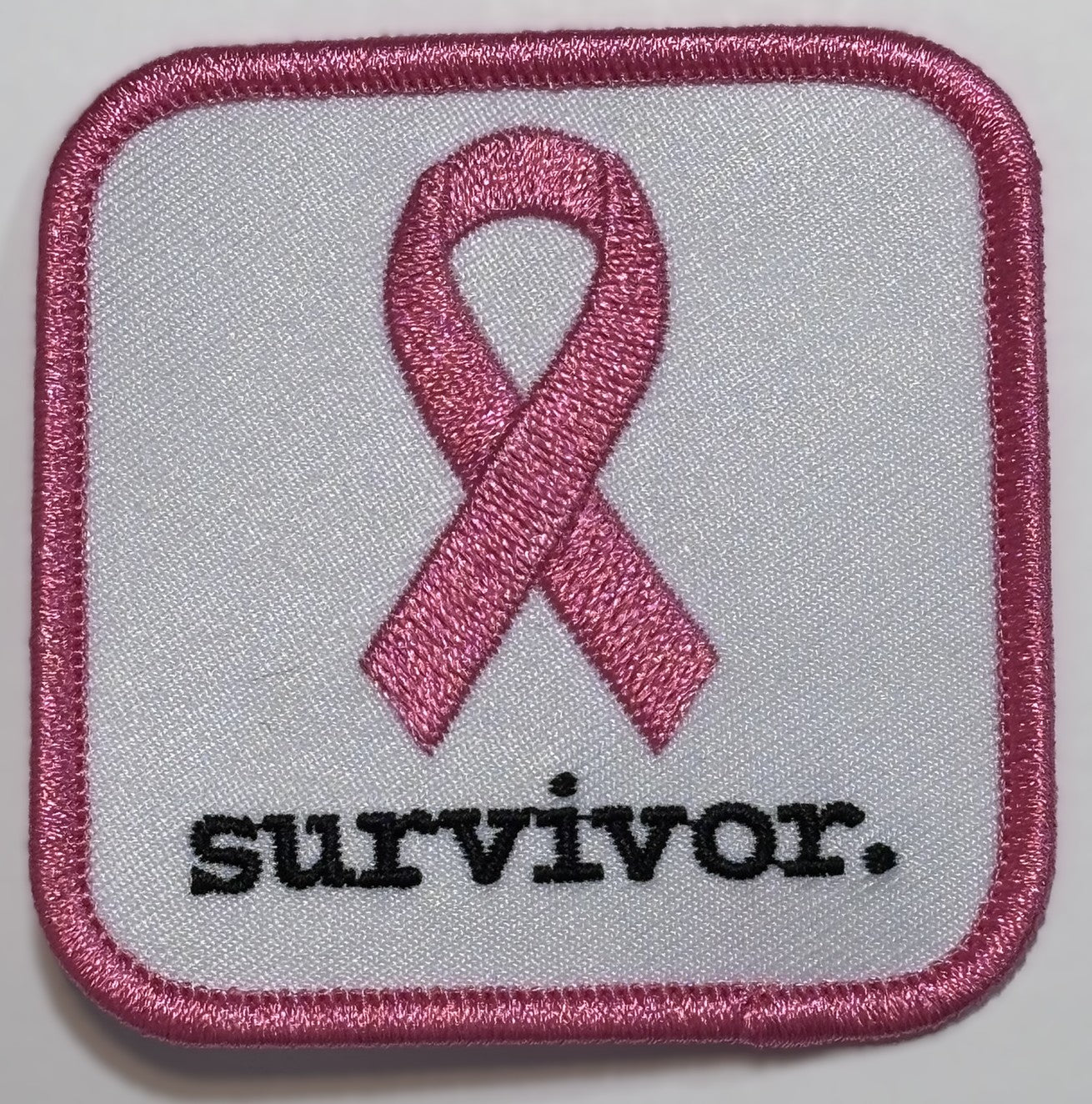 Square Patch — Pink Ribbon — survivor. — White Background