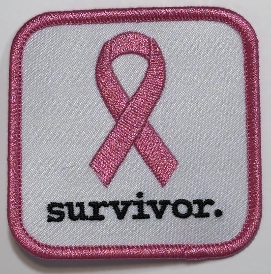 Square Patch — Pink Ribbon — survivor. — White Background