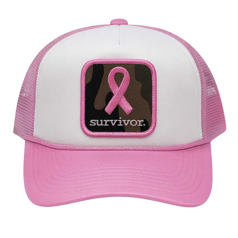 Survivor. | White & Pink Camo Patch Trucker Hat
