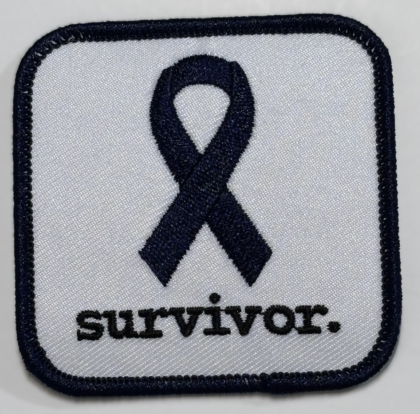 Square Patch — Navy Ribbon — survivor. — White Background